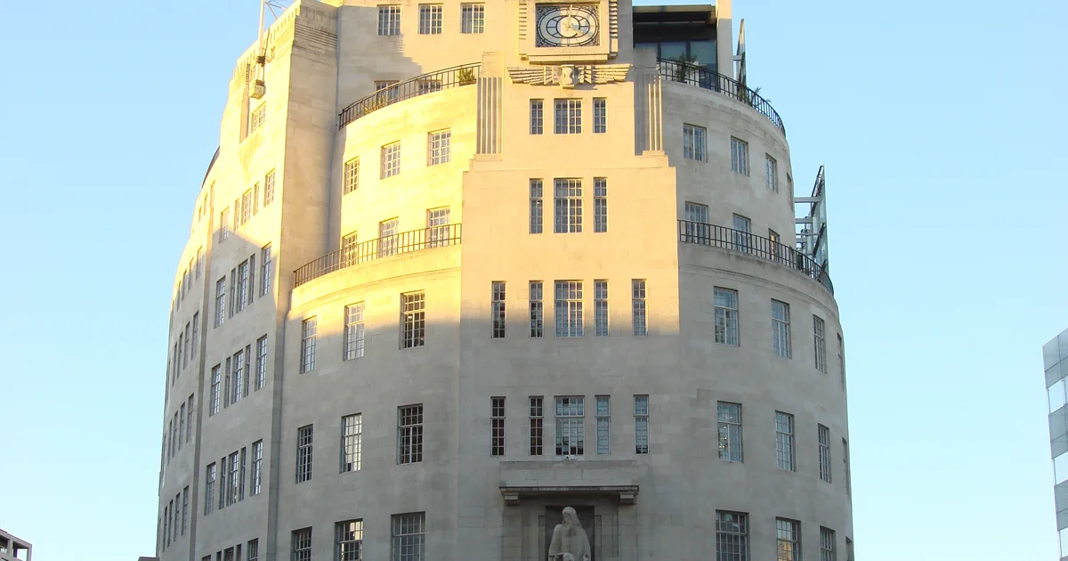 Broadcasting House, the BBC's headquarters on Portland Place, London, seen from street level.