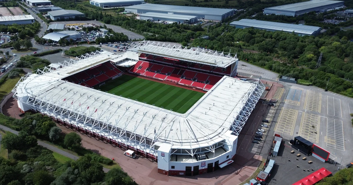 Aerial view of the bet365 Stadium in Stoke-on-Trent, sponsored by and named after the company.