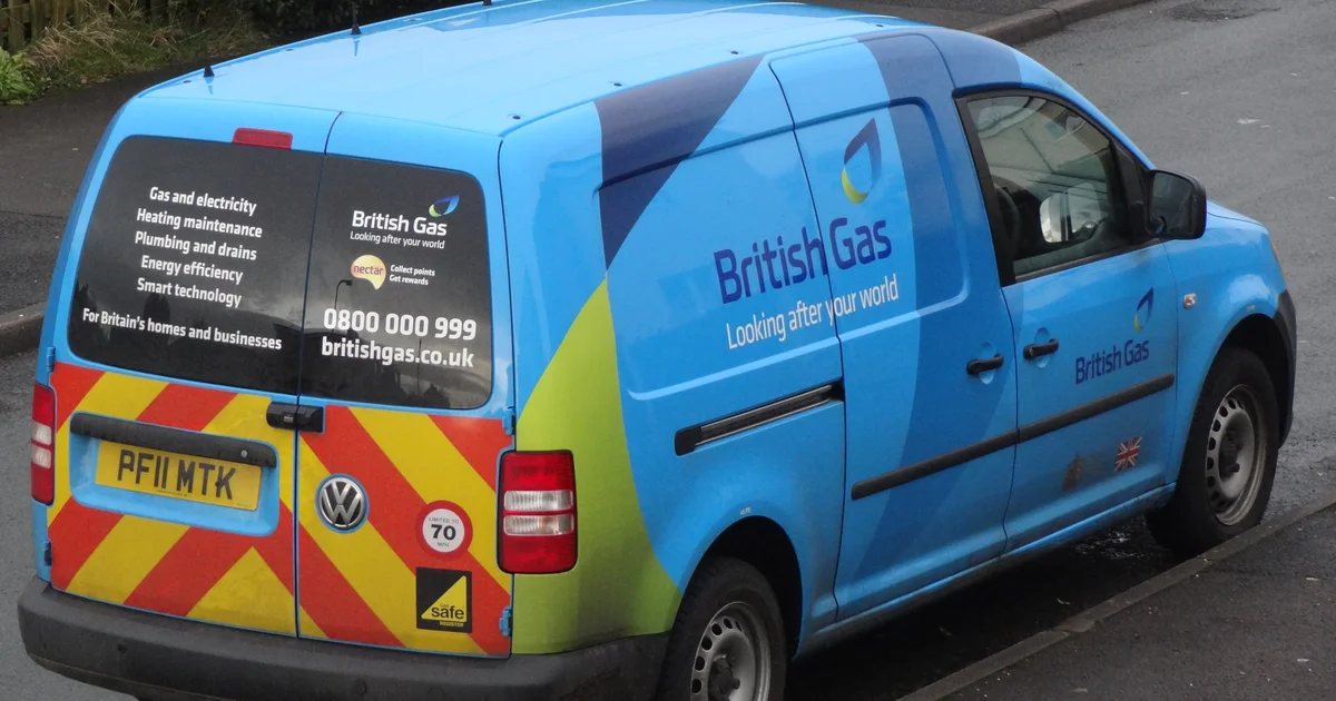 A liveried British Gas service van, branded 'British Gas, Looking after your world'.