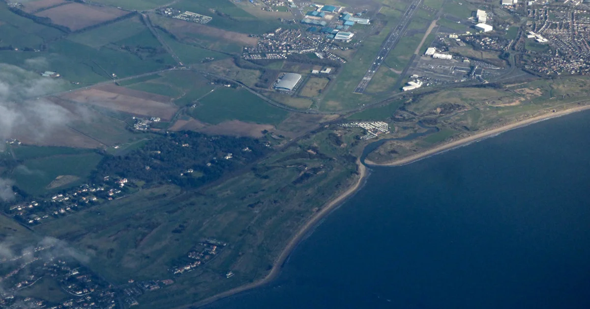 Aerial view of Glasgow Prestwick Airport, South Ayrshire, where GE Aerospace operates an engine maintenance facility.