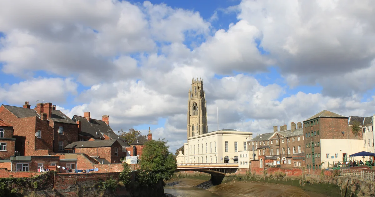 Boston Stump, the tower of St Botolph's Church, seen across the River Witham in Boston, Lincolnshire.