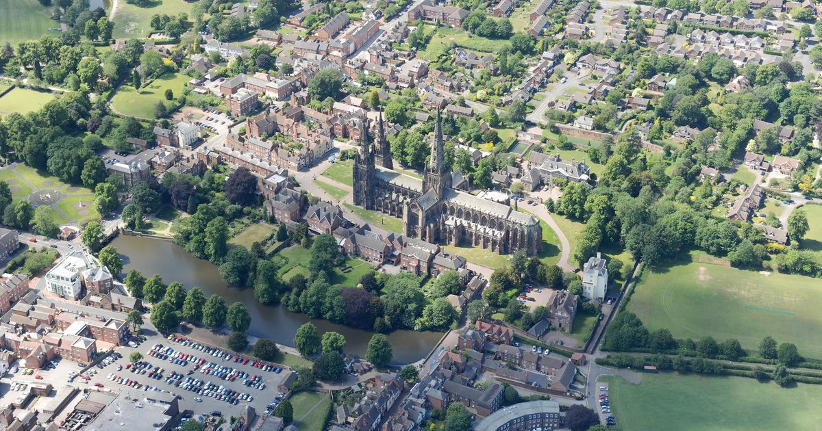 Aerial view of Lichfield Cathedral, Staffordshire.