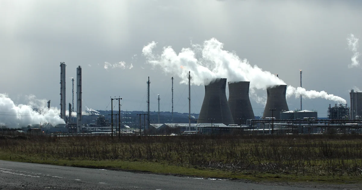 Industrial towers and pipework at the Grangemouth petrochemical complex.